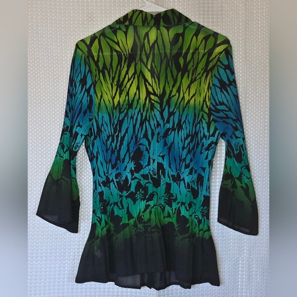 Sheer Chiffon Blouse Green Blue Ombre Floral Top Flowy Bell Sleeve Work to Weeke - Picture 11 of 11